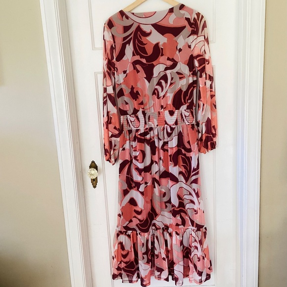 Tiered Midi Dress S Wine Burgund Multi print long sleeve boho peasant cottage - Picture 15 of 15